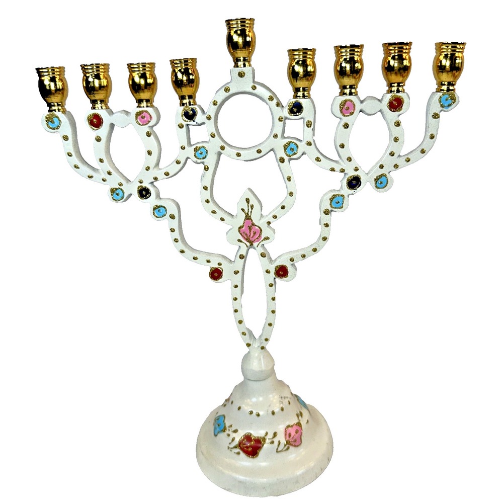 Copa Judaica White Hanukkah Menorah Star of David Colorful Jeweled Dots